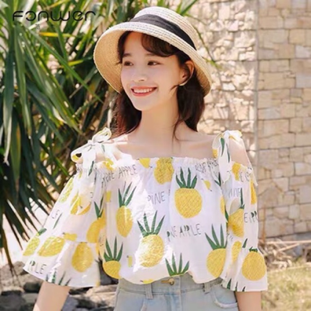 Áo kiểu voan chifon in dứa siêu xinh HÀNG Y HÌNH 100%