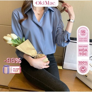 Áo sơ mi nữ OKIMAC dài tay công sở đẹp trơn basic Hàn Quốc form rộng chất lụa cao cấp không nhăn thời trang nữ