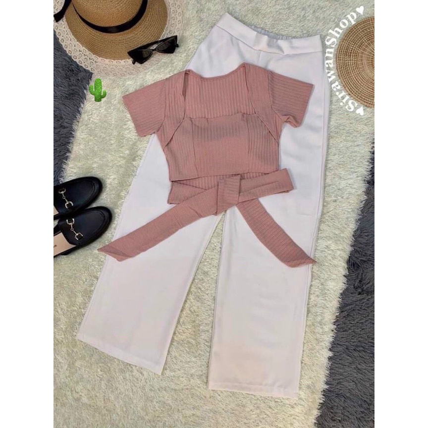 Áo thun gân croptop cổ vuông tay ngắn dây cột eo khoét hờ