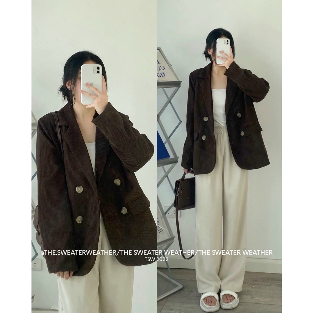 áo blazer nữ dáng suông, áo khoác vest nhung dài tay 4 khuy cá tính