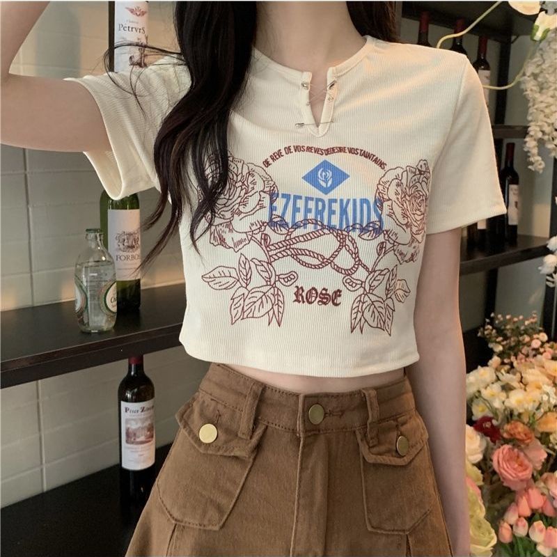 Jiashucheng Áo Thun Ngắn Tay Cổ Chữ v Thời Trang Mùa Hè Phong Cách Retro Mỹ Cho Nữ