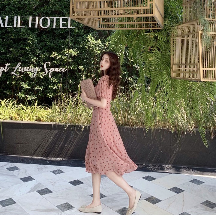 Đầm dáng xòe ngắn tay phối họa tiết chấm bi trẻ trung dành cho nữ | BigBuy360 - bigbuy360.vn