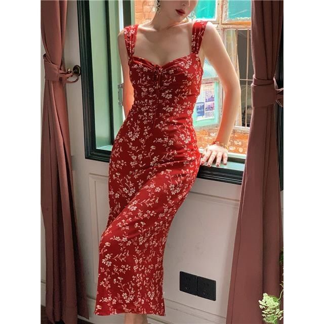 Đầm Dài Dáng Ôm In Họa Tiết Hoa Phong Cách Pháp Cổ Điển Thời Trang Mùa Hè Xinh Xắn Cho Nữ