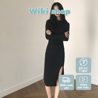 Váy đầm nữ len tăm body đen xẻ vạt cổ tròn freesize phom ôm tôn dáng sexy dáng dài C592