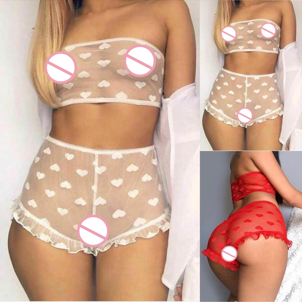 Set đồ lót ren lưới in hình trái tim thời trang quyến rũ cho nữ