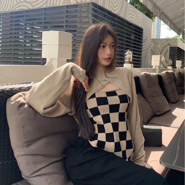 Set áo khoác và áo khoác tay dài họa tiết ca rô nhiều màu sắc thời trang dành cho nữ