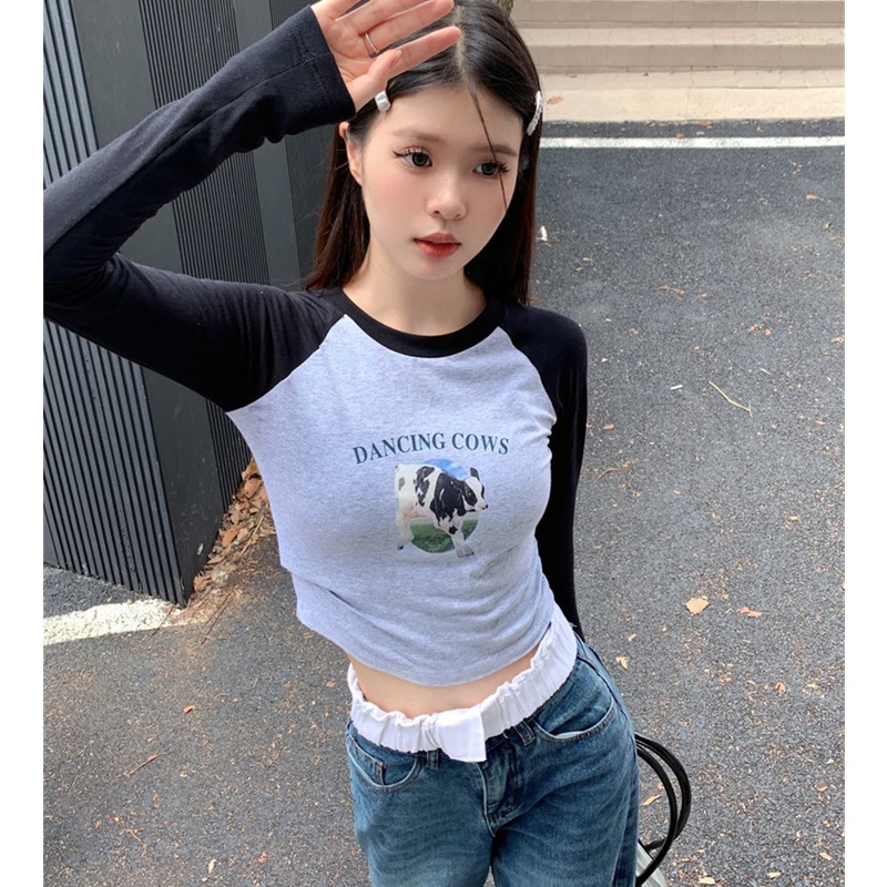 Áo Thun Tay Dài Dáng Ôm In Họa Tiết Dễ Thương Phối Màu Tương Phản Thời Trang Cho Bạn Gái