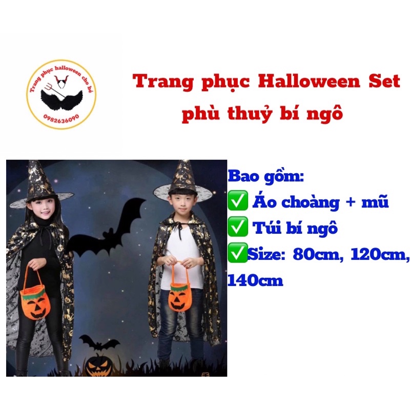 Set áo choàng họa tiết bí ngô và mũ phù thủy cho bé, trang phục hóa trang hallowen