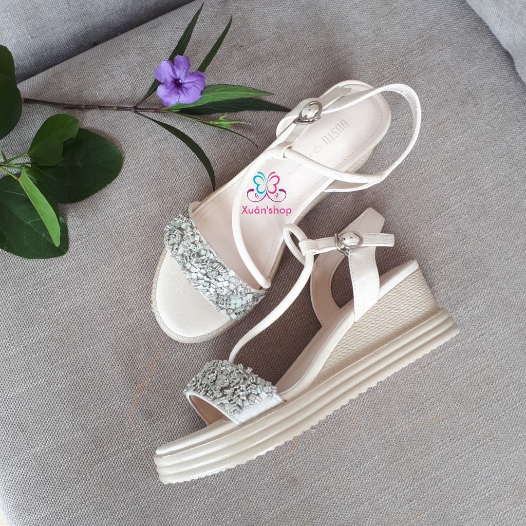 Giày sandal Dusto quai ngang phủ ánh kim, đế xuồng cao 6.5cm (có sẵn)