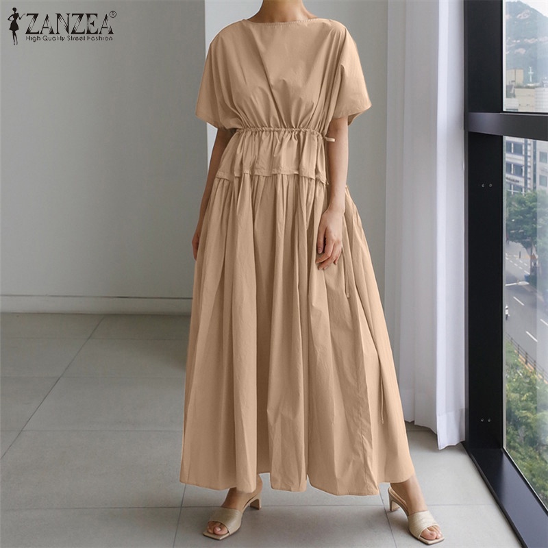 Đầm maxi ZANZEA tay ngắn cổ tròn dáng rộng màu trơn phối dây rút thời trang dành cho nữ