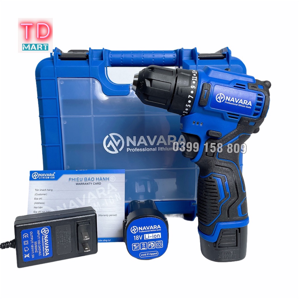 Máy khoan pin NAVARA 18V Không Chổi Than tặng mũi khoan và mũi vít