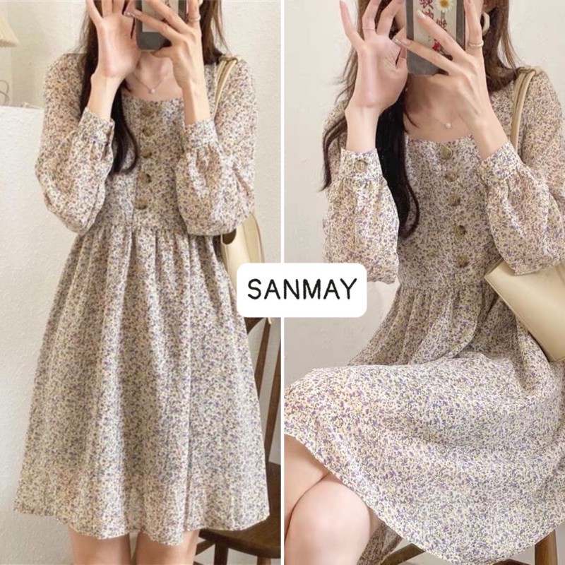 Váy babydoll hoa nhí dáng xòe tay dài, thiết kế vintage Ulzzang Hàn quốc SANMAY VD008