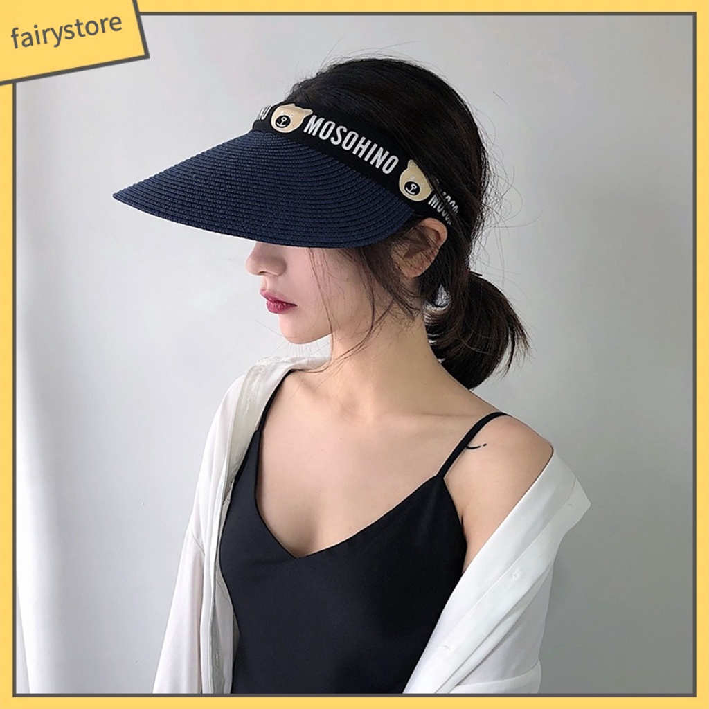 Mũ Cói Vành Rộng Hở Đầu Chống Tia Uv Họa Tiết Gấu Dễ Thương Thời Trang Mùa Hè Cho Người Lớn Và Trẻ Em
