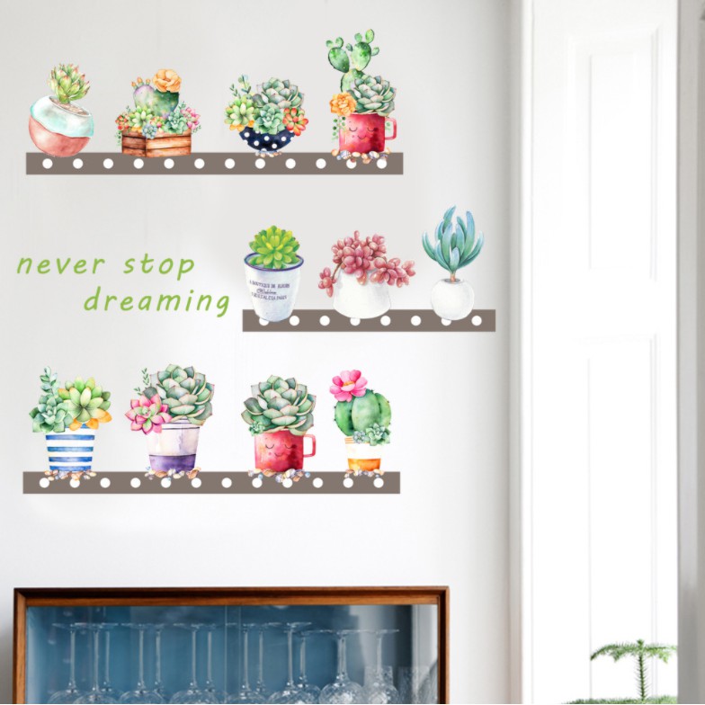 Decal dán tường Chậu hoa trên kệ chữ tiếng anh