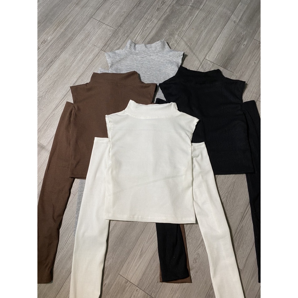 Áo croptop nữ hở vai tay dài 4 màu chất thun gân-ringu shop