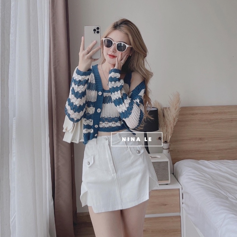 Set Cadigan Len Kẻ 2 Món Áo Khoác Mix Áo 3 Lỗ