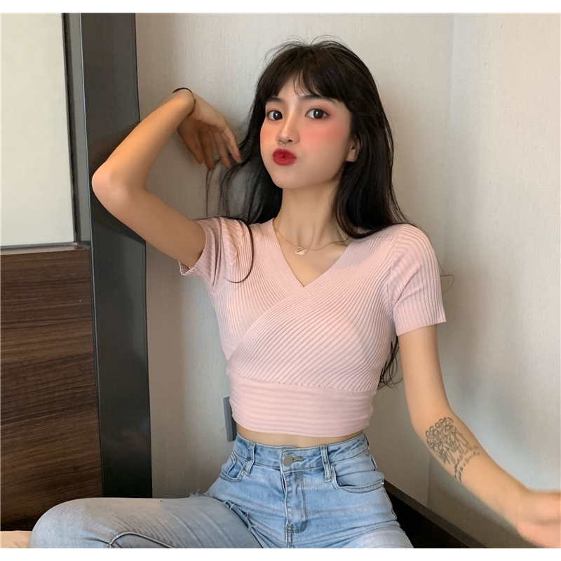 IELGY   Áo Thun Tay Ngắn Vạt Chéo Thời Trang Dành Cho Nữ