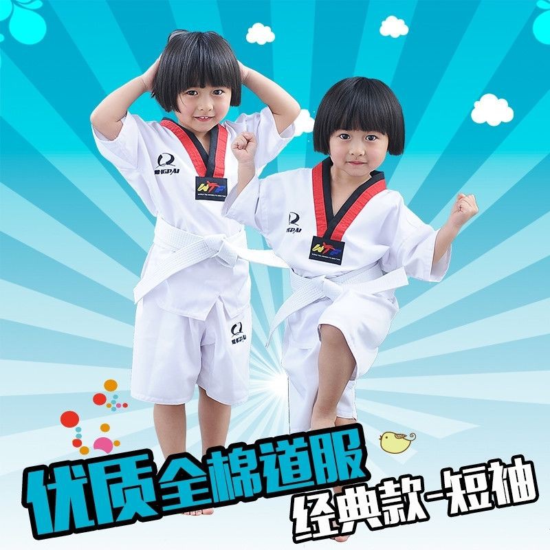 Quần áo Taekwondo trẻ em người lớn cotton dài tay Đồng phục đường trường mùa hè karate và đai túi ngắn đi