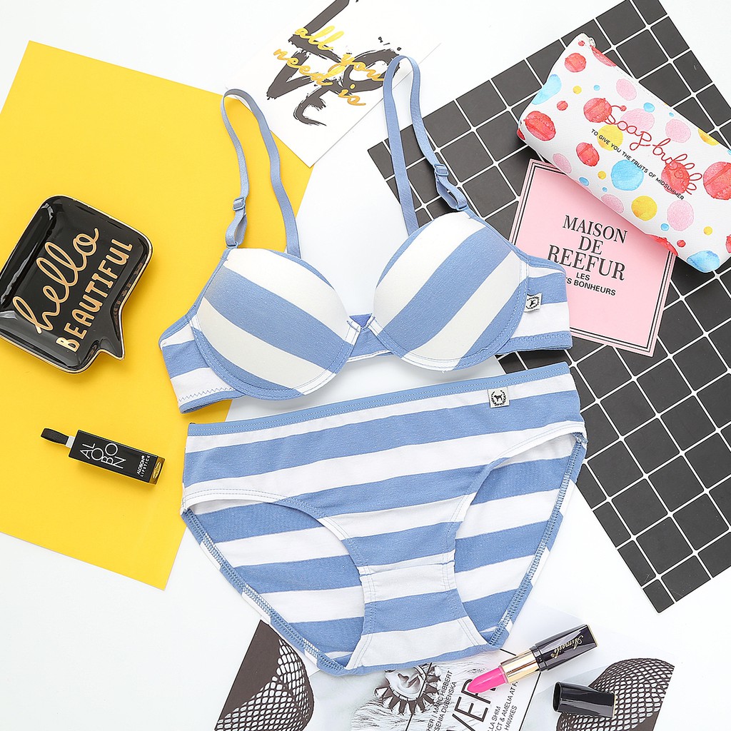 BỘ ĐỒ LÓT NỮ COTTON SỌC KẺ ĐỆM MỎNG CÓ GỌNG | BigBuy360 - bigbuy360.vn