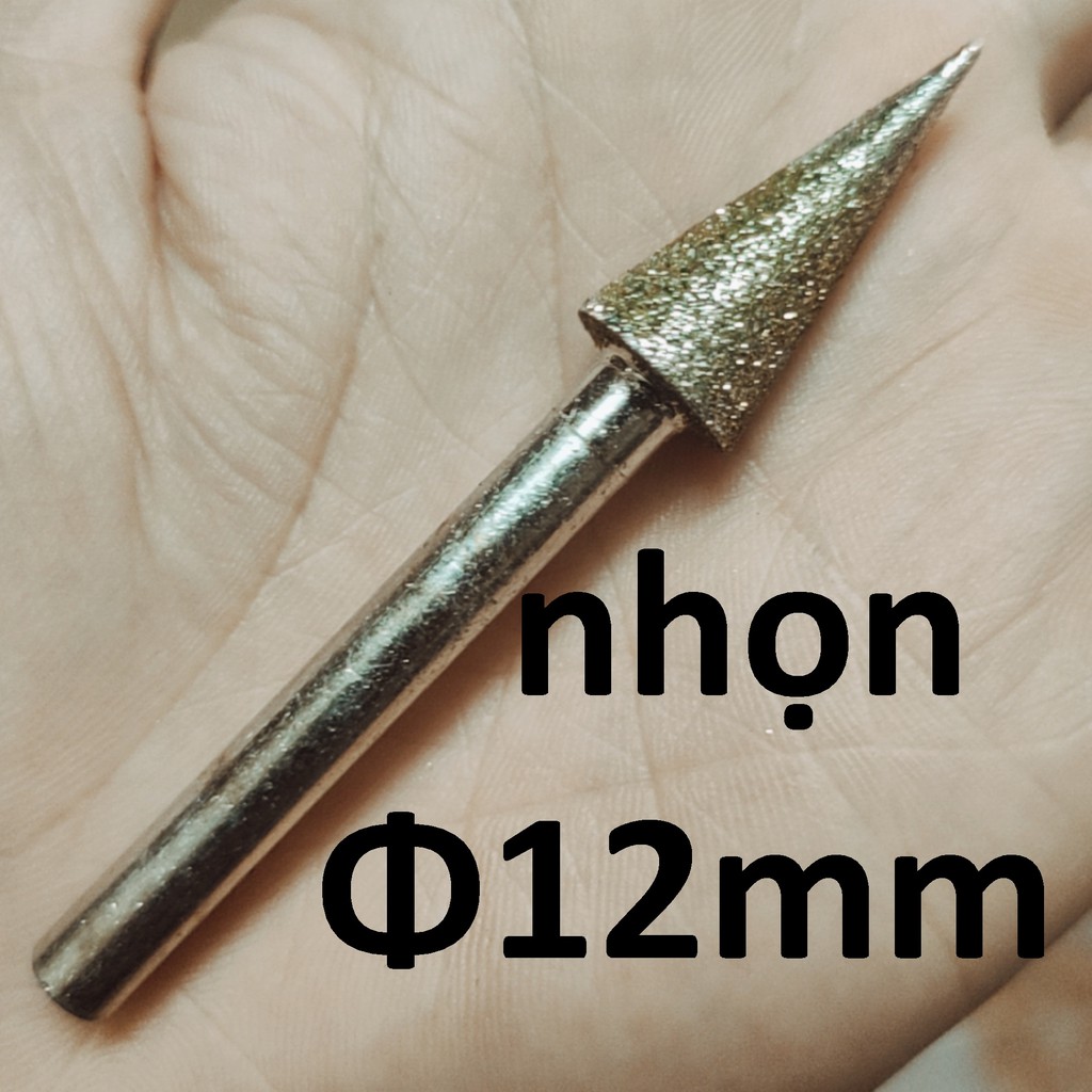 Mũi mài kim cương, mũi mài khắc đá, ngọc, hình nhọn 12mm, cán 6mm