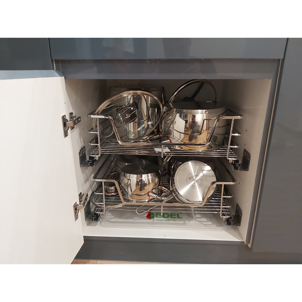 Kệ đựng xoong nồi nan dẹt inox 304, ray giảm chấn