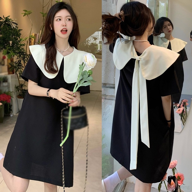 Váy Đầm Dáng Rộng Thắt Nơ Trước Và Sau Lưng Màu Tương Phản Phong Cách Hàn Quốc Dành Cho Nữ