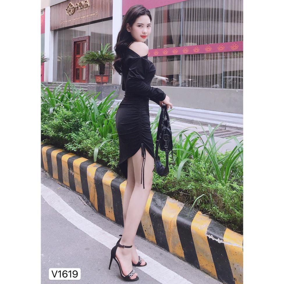 Váy body dây rút đầm dáng ôm tay dài lệch vai nữ tính