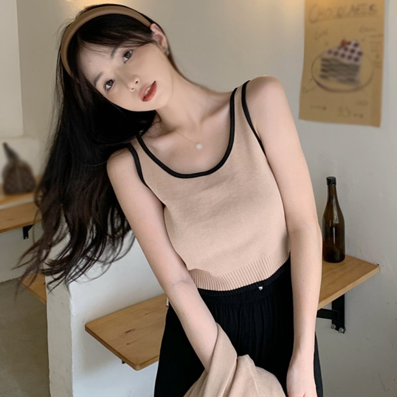 Áo dệt kim sát nách cổ tròn màu sắc tương phản phong cách Hàn Quốc