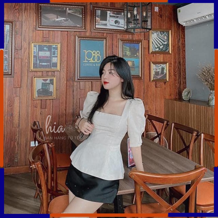 Áo kiểu sơ mi cổ vuông tay phồng phong cách Hàn Quốc sang chảnh đẹp 2 màu đen và trắng - Hia Store ACV0001