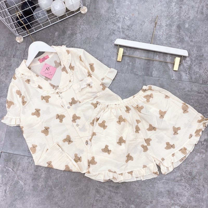 Bộ pijama đũi xốp tay cộc quần đùi viền bèo mặc nhà nữ, Đồ ngủ nữ xinh hoạ tiết siêu mát mùa hè