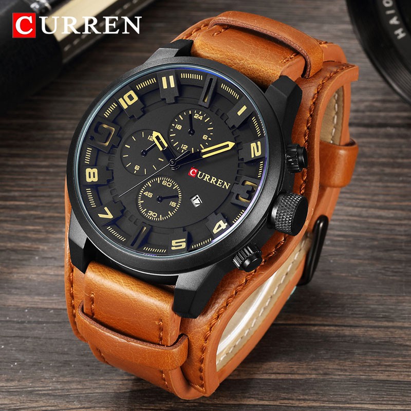 Đồng Hồ Quartz CURREN Mặt Kính Mạ Điện Chống Thấm Nước Với Dây Đeo Da