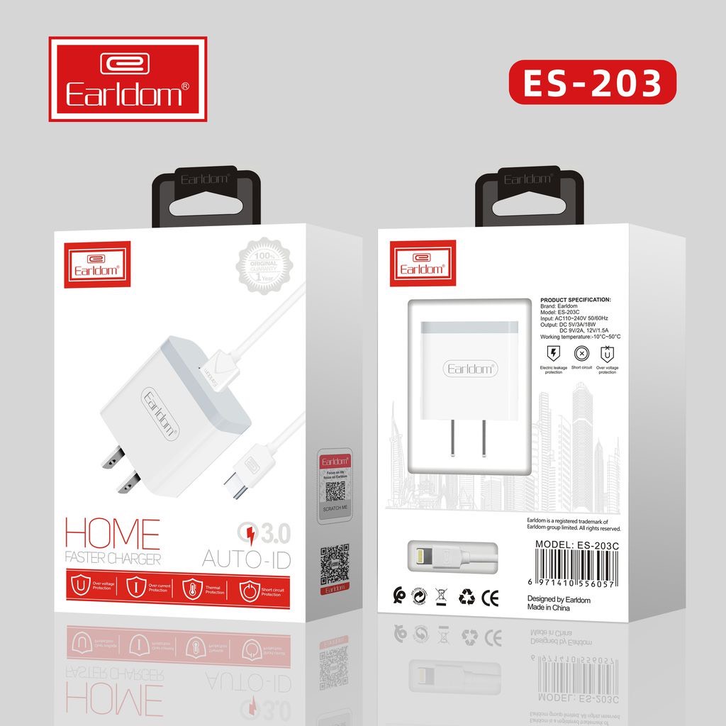 Bộ Sạc Nhanh IP 18W Chính Hãng Earldom ES – 203, củ sạc nhanh ip chống cháy nổ [ Bảo hành 24 tháng ]
