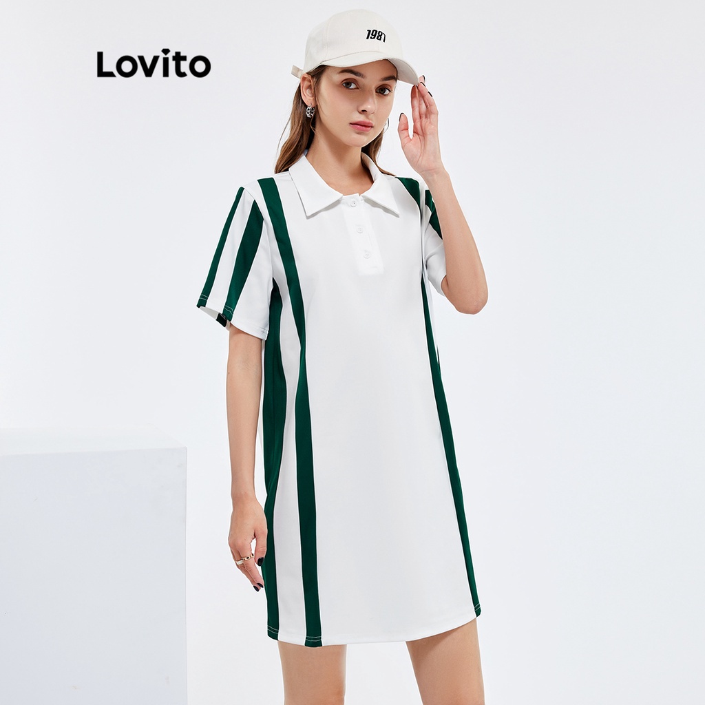 Đầm polo Lovito dáng rộng kẻ sọc thường ngày L25AD072 (màu trắng nhạt)