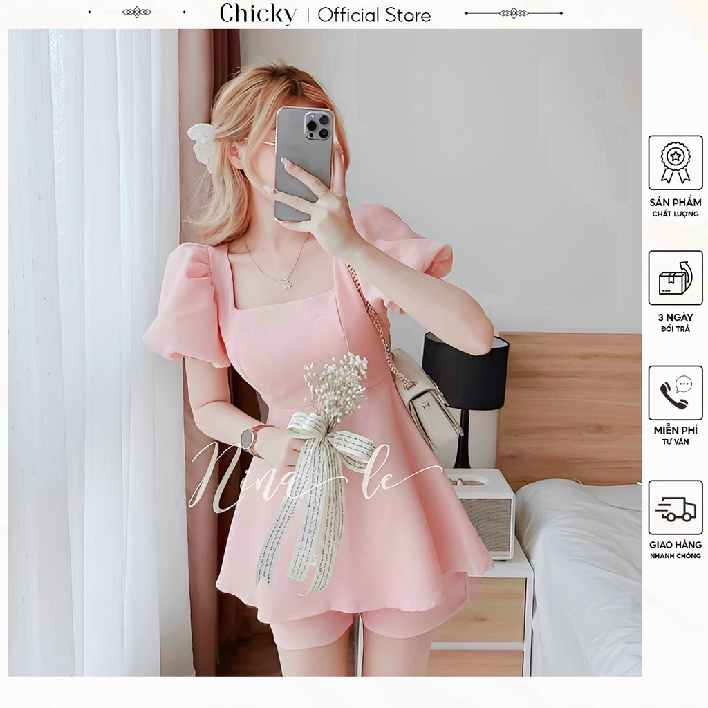set bộ đồ nữ áo tay phồng dễ thương kết nơ lưng phối cùng quần đùi(có mút)