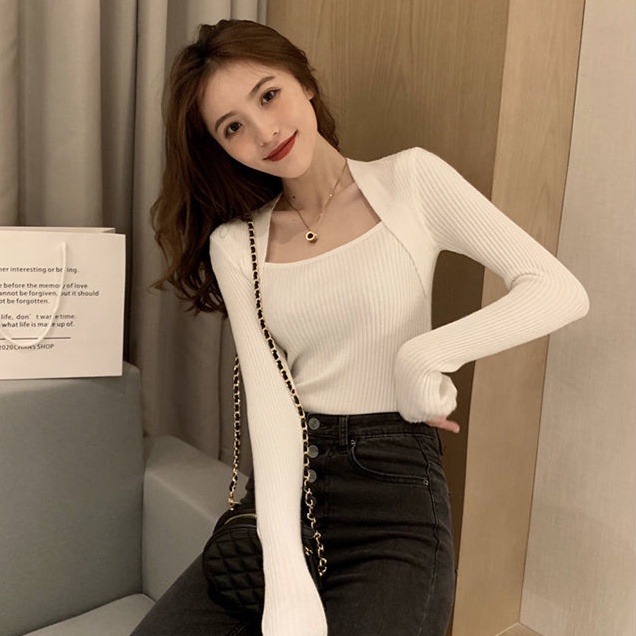 Áo Sweater Dệt Kim Cổ Chữ U Màu Sắc Trơn Phong Cách Hàn Quốc Thời Trang Thu Đông Quyến Rũ Cho Nữ