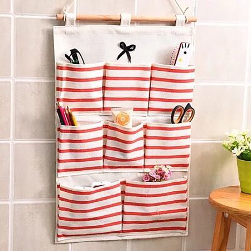Túi treo tường 8 ngăn tiện dụng decor phòng chống thấm nước - Túi vải Canvas đựng đồ 8 ngăn hoạ tiết sọc ngang