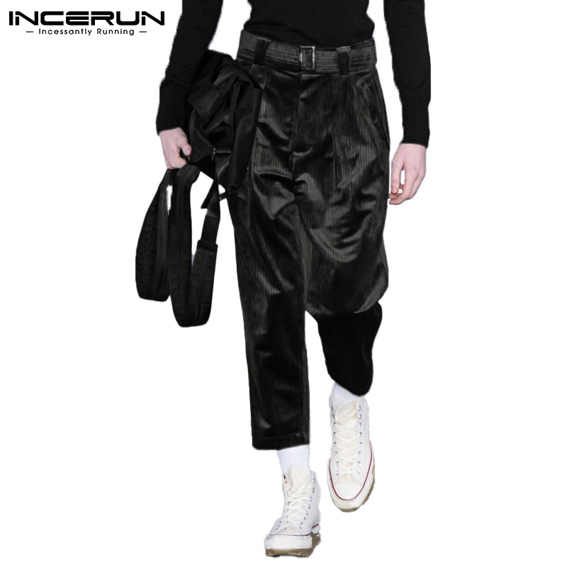 Quần dài INCERUN vải corduroy màu trơn có dây thắt lưng cổ điển thời trang dành cho nam