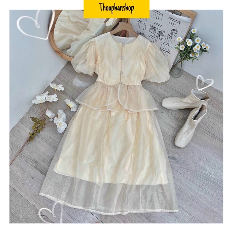 SET TIỂU THƯ ÁO CROPTOP BÈO TAY BỒNG + CHÂN VÁY NUDE MIDI