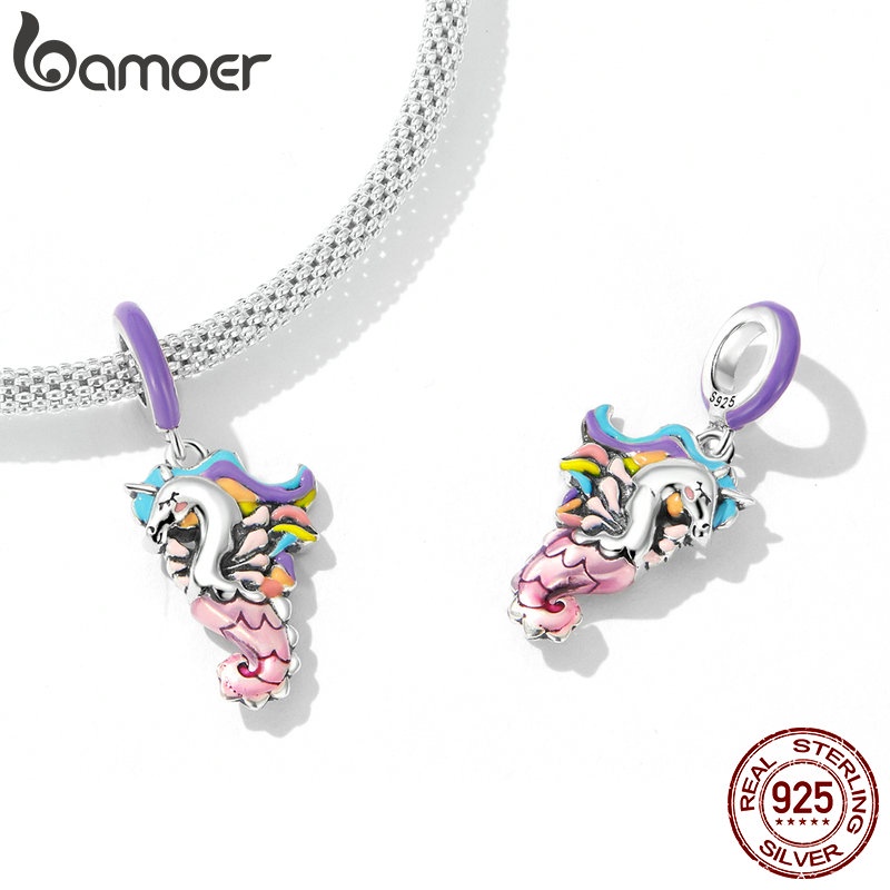 Mặt vòng cổ BAMOER bằng bạc 925 hình cá ngựa hoạt họa