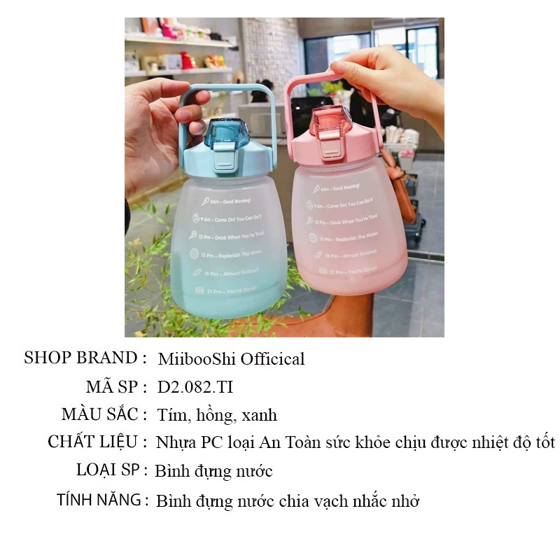Bình nước cute có ống hút 1.3l chia vạch nhắc giờ uống nước MiibooShi D2.082.TI