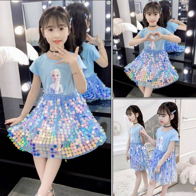 Mùa hè mới Aisha Girl Princess Dress Ice and Snow 奇艾 Cotton ngắn tay Sequins Love Sand Birthday Dress