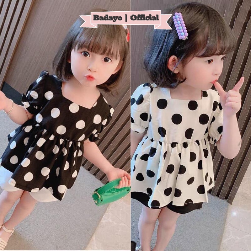 Váy bé gái set áo chấm bi buộc dây lưng mix quần sooc thời trang trẻ em BADAYO AB9052