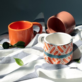 Ly gốm trắng cam viền xanh | Tách cà phê gốm có quai - Ceramic cup with blue line