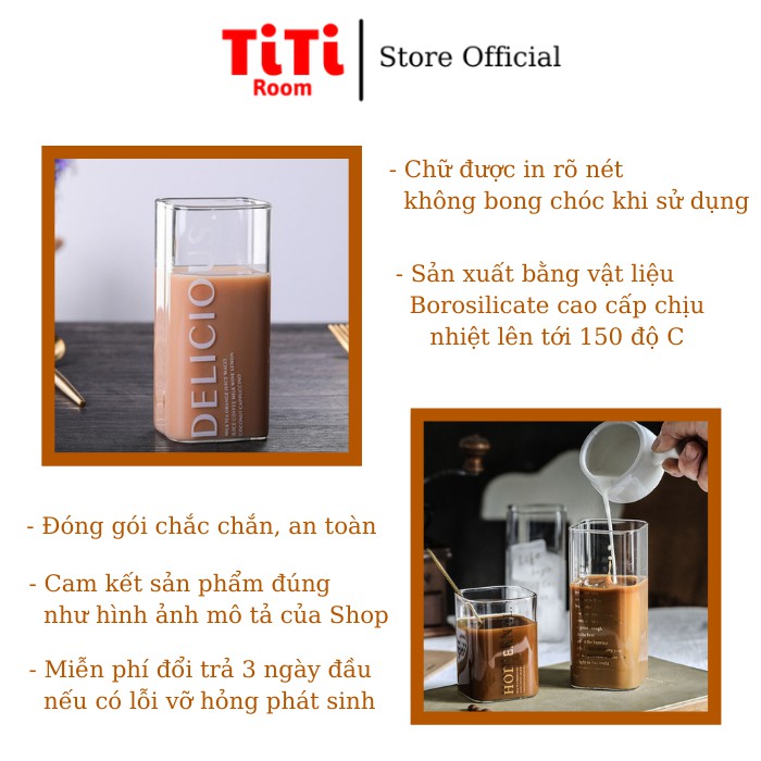 Ly thủy tinh vuông chịu nhiệt MILK TEA 400ml Cốc thủy tinh uống sinh tố sang chảnh cao cấp phong cách Vintage dễ thương