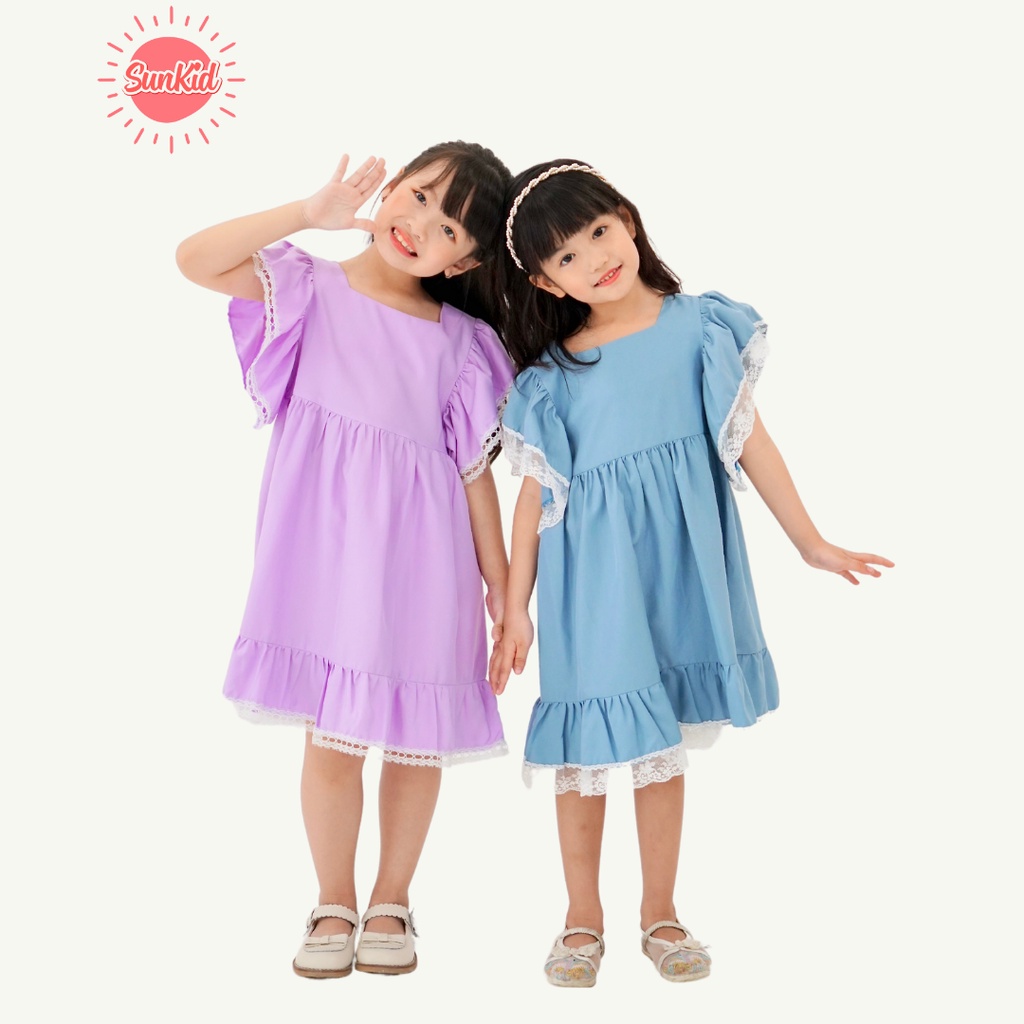 Váy đầm bé gái dáng suông vải trượt nhật cao cấp mùa hè Sunkid PP màu xanh,màu tím 4-12 tuổi