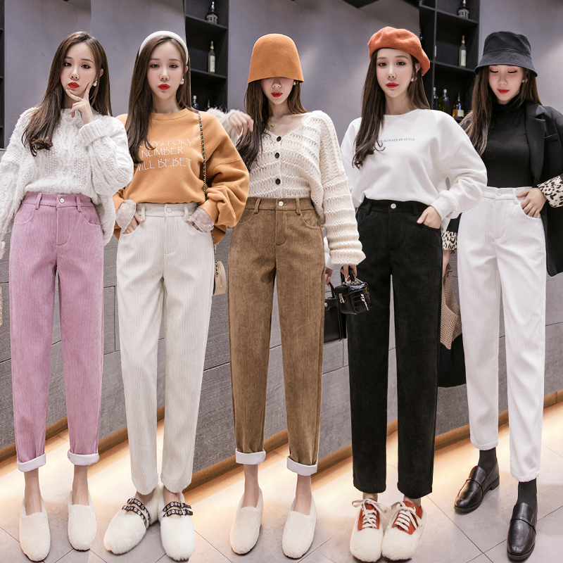 Quần Dài Vải Nhung Lưng Cao Dáng Rộng Thoáng Khí Màu Trơn Cá Tính