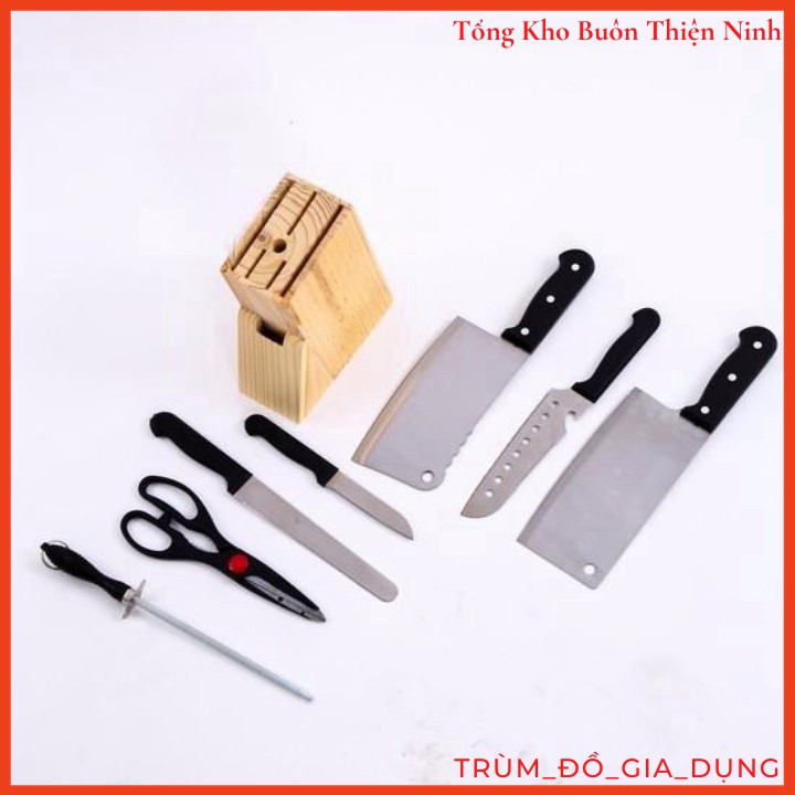 [FREESHIP] Bộ dao kéo nhà bếp đa năng 7 món kèm khay gỗ - Bộ dao làm bếp hợp kim inox kèm hộp gỗ