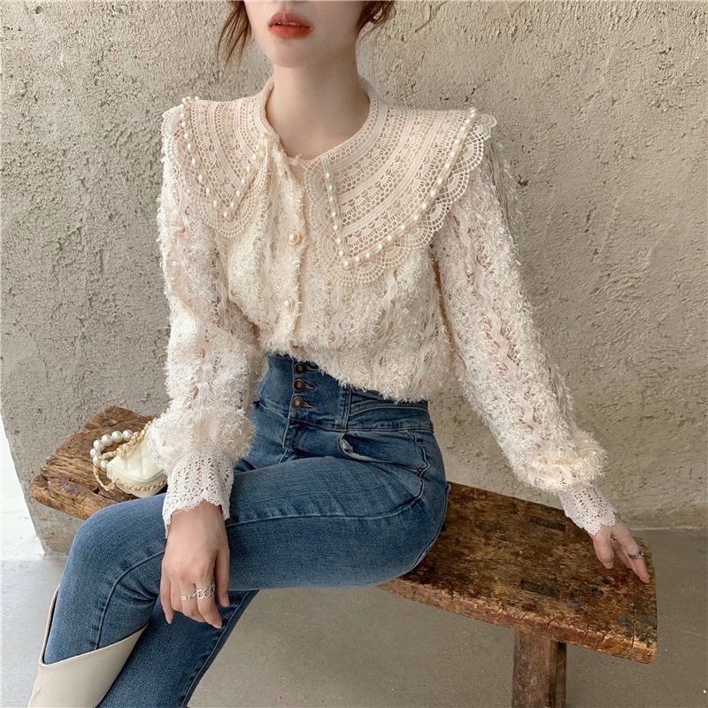 Áo sơ mi ren nữ búp bê cổ áo thiết kế , áo sơ mi dài tay mỏng mùa xuân 2021 - Có ảnh thật