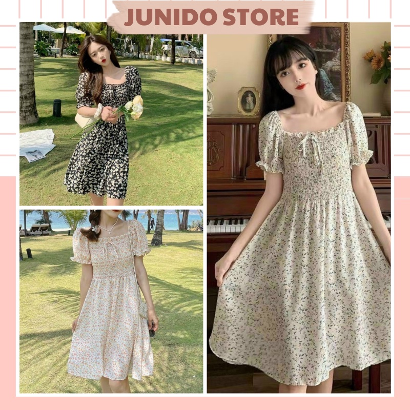Váy hoa nhí cổ vuông, váy hoa nhí vintage dáng dài chun ngực JUNIDO