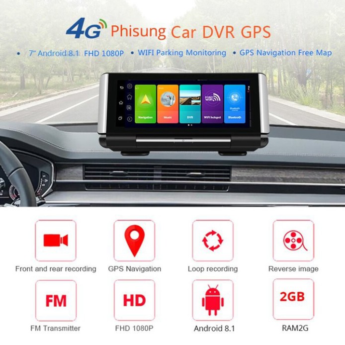 Sản phẩm Camera Hành Trình Đặt Taplo Ô Tô Cao Cấp nhãn hiệu Phisung K7 tích hợp camera lùi, android 8., GPS, phát Wifi 4